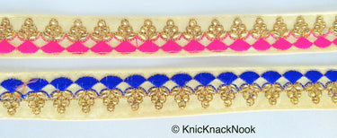 Beige Fabric Trim With Gold And Fuchsia Pink / Royal Blue Embroidery, Kundan Work Embellishments - 200317L144 / 145